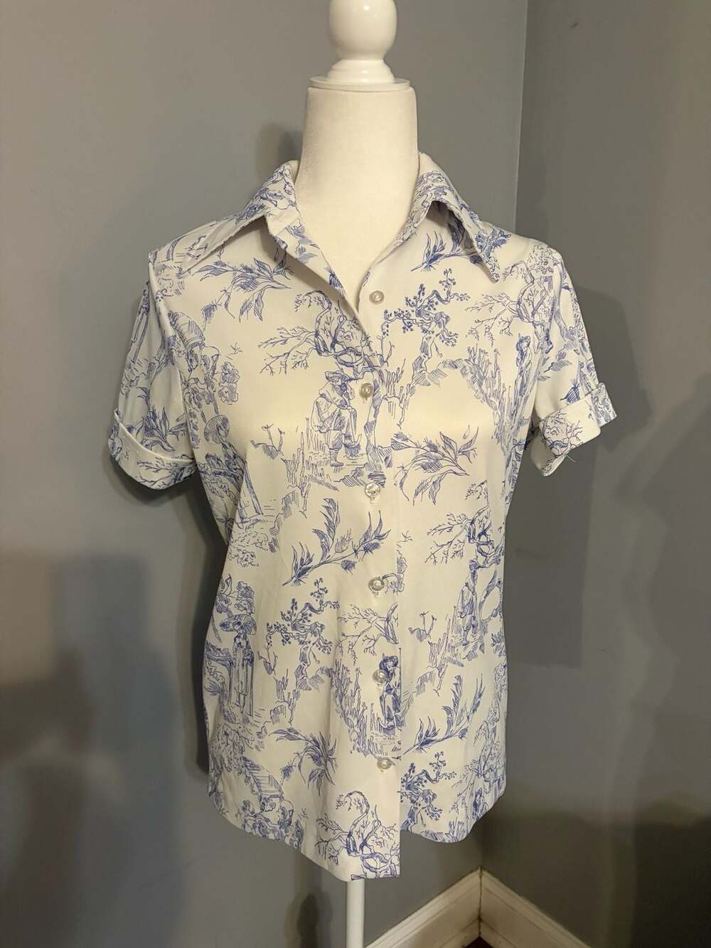 Devon Blue and White Toile de Jouy Short Sleeve Button-Down Shirt